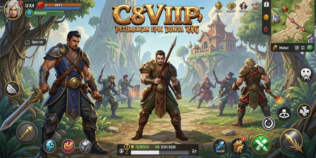 Tampilan poster C8VIP menampilkan karakter dan aksi pertempuran seru di dunia RPG.