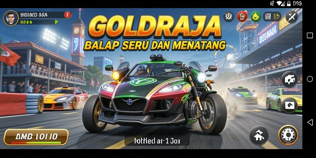 Screenshot gameplay GOLDRAJA yang penuh aksi balap seru.