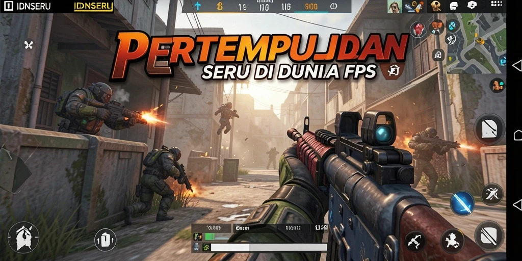 Tangkapan layar utama IDNSERU menampilkan aksi pertempuran FPS yang mendebarkan.