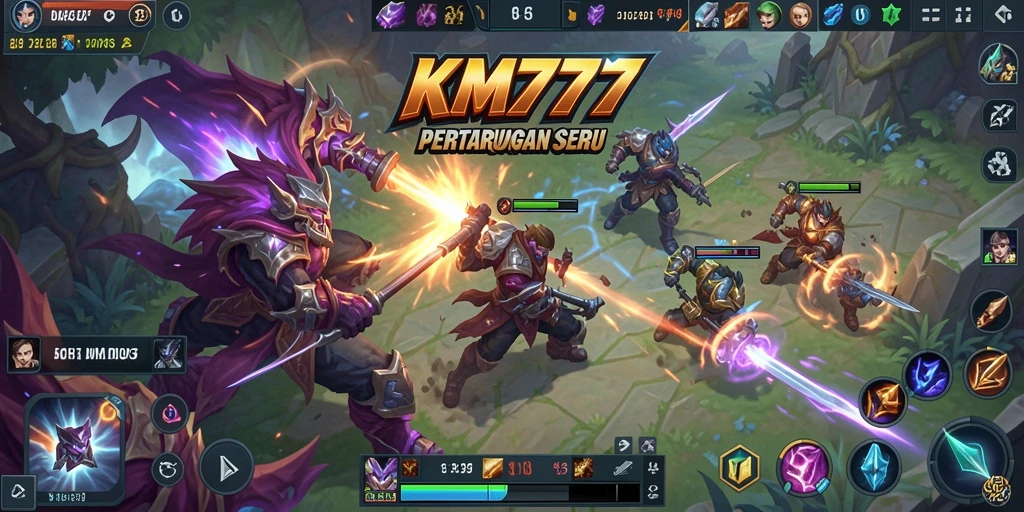 Screenshot aksi gameplay seru KM777 di arena pertarungan MOBA.