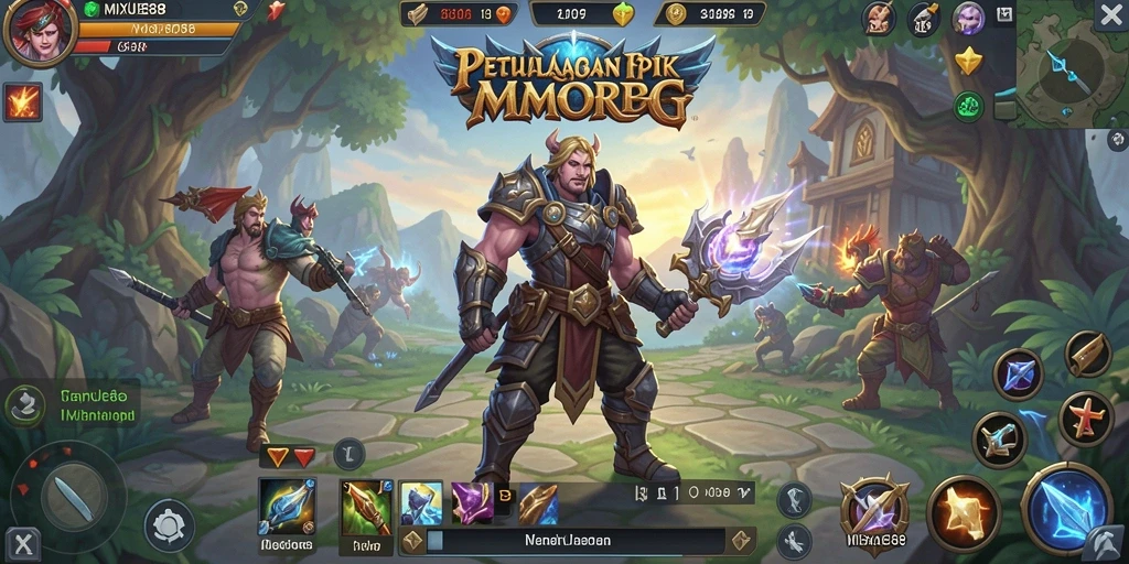 Screenshot utama MIXUE88 menampilkan aksi pertempuran epik dan eksplorasi dunia.