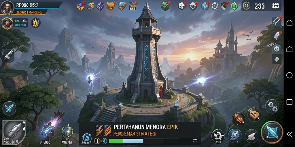 Screenshot gameplay RP886 menampilkan aksi menakjubkan dari pertahanan menara yang intens.